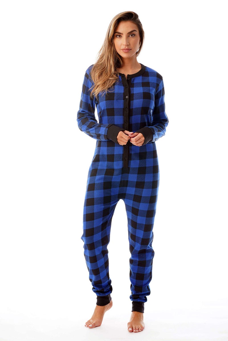 #followme Women's Printed Henley Thermal Onesie 6744-10195-ROY-L Royal/Black - Image 1